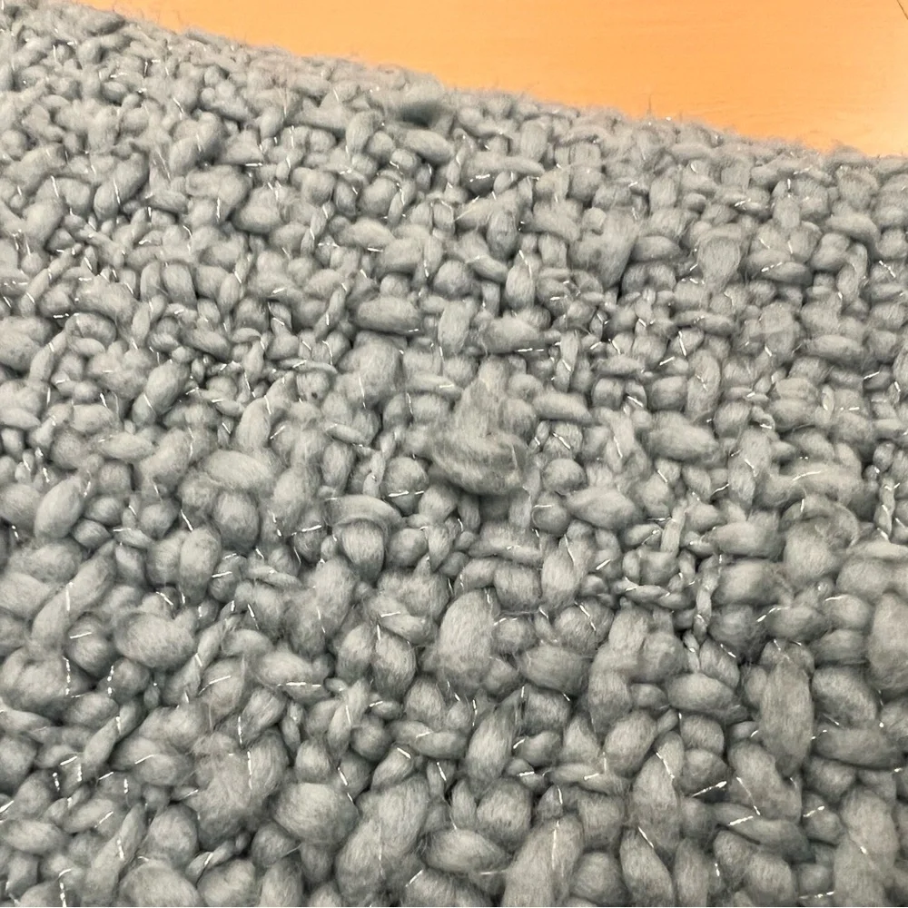 Pottery Barn Chunky Knit Throw Blanket Teal and Silver 50” x 60” Cozy Fringed - Picture 3 of 6